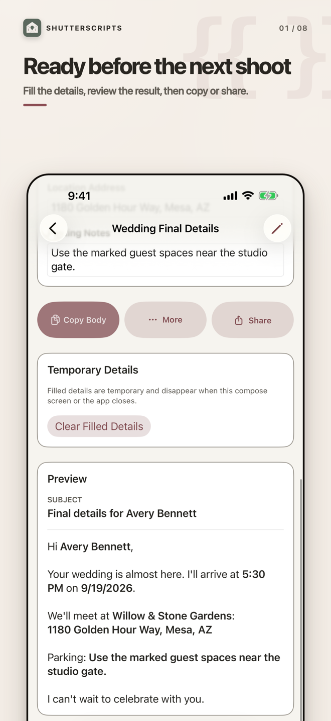 ShutterScripts composer showing a completed fictional wedding details email ready to copy or share.